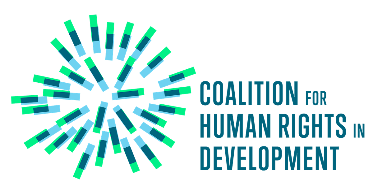 Coalition for Human Rights in Development: a burst of green and blue bars radiating from a centre, beside the organisation’s name.