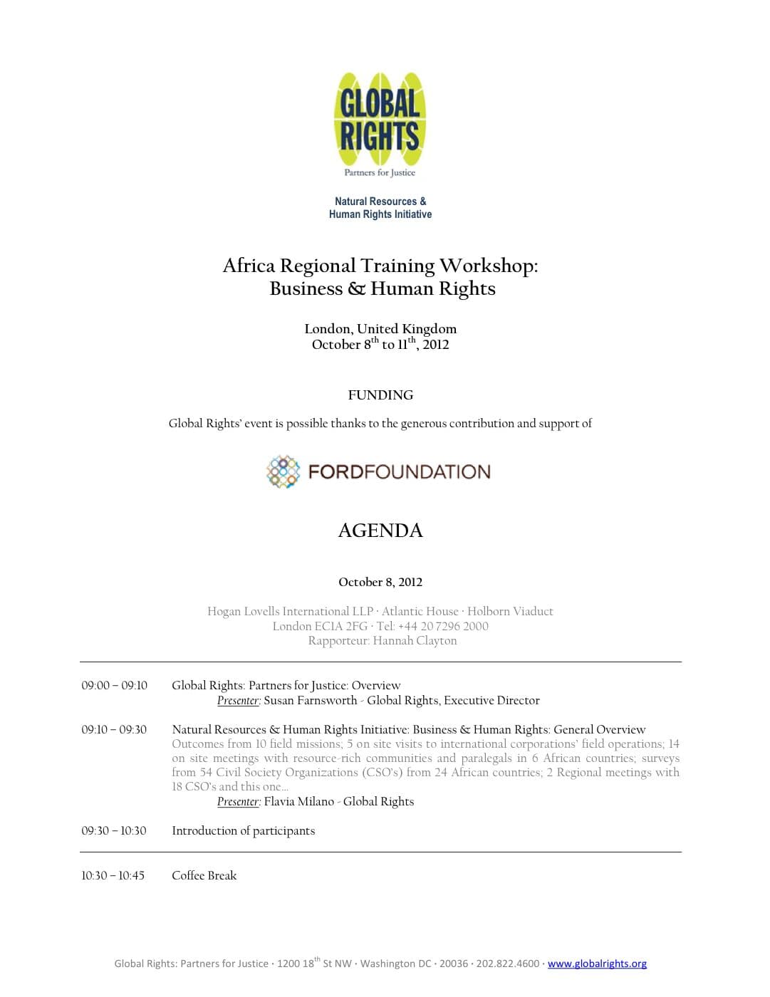 Cover of Africa Regional Training Workshop: Business & Human Rights.