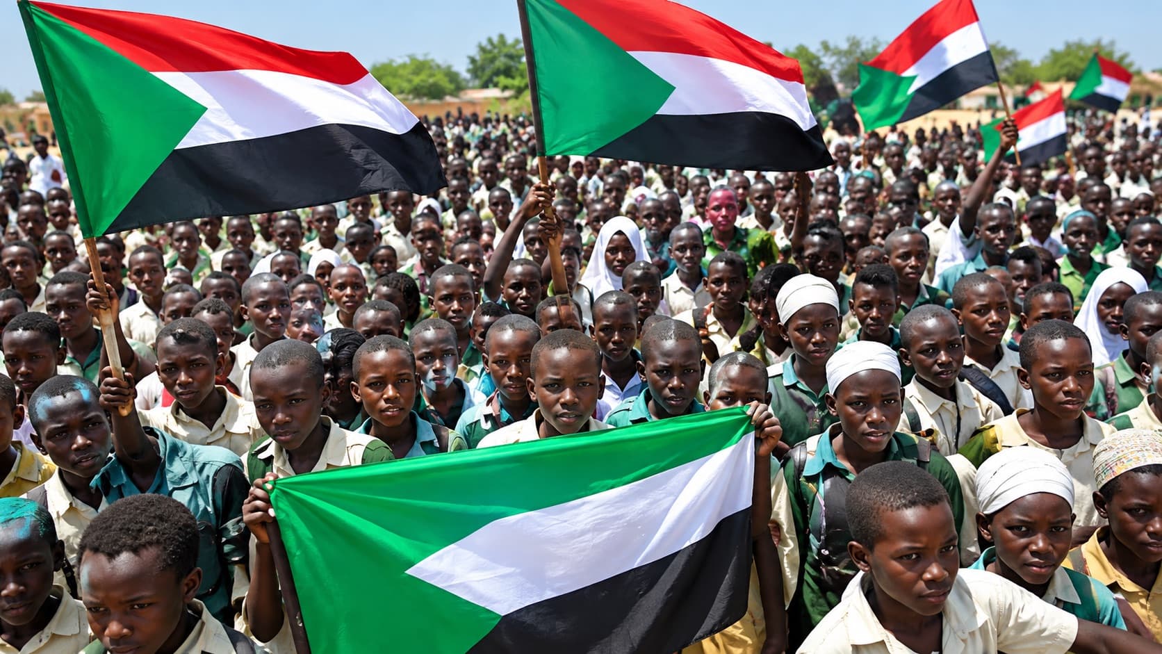 A crowd of Sudanese demonstrators holding the national flag aloft at an outdoor gathering.