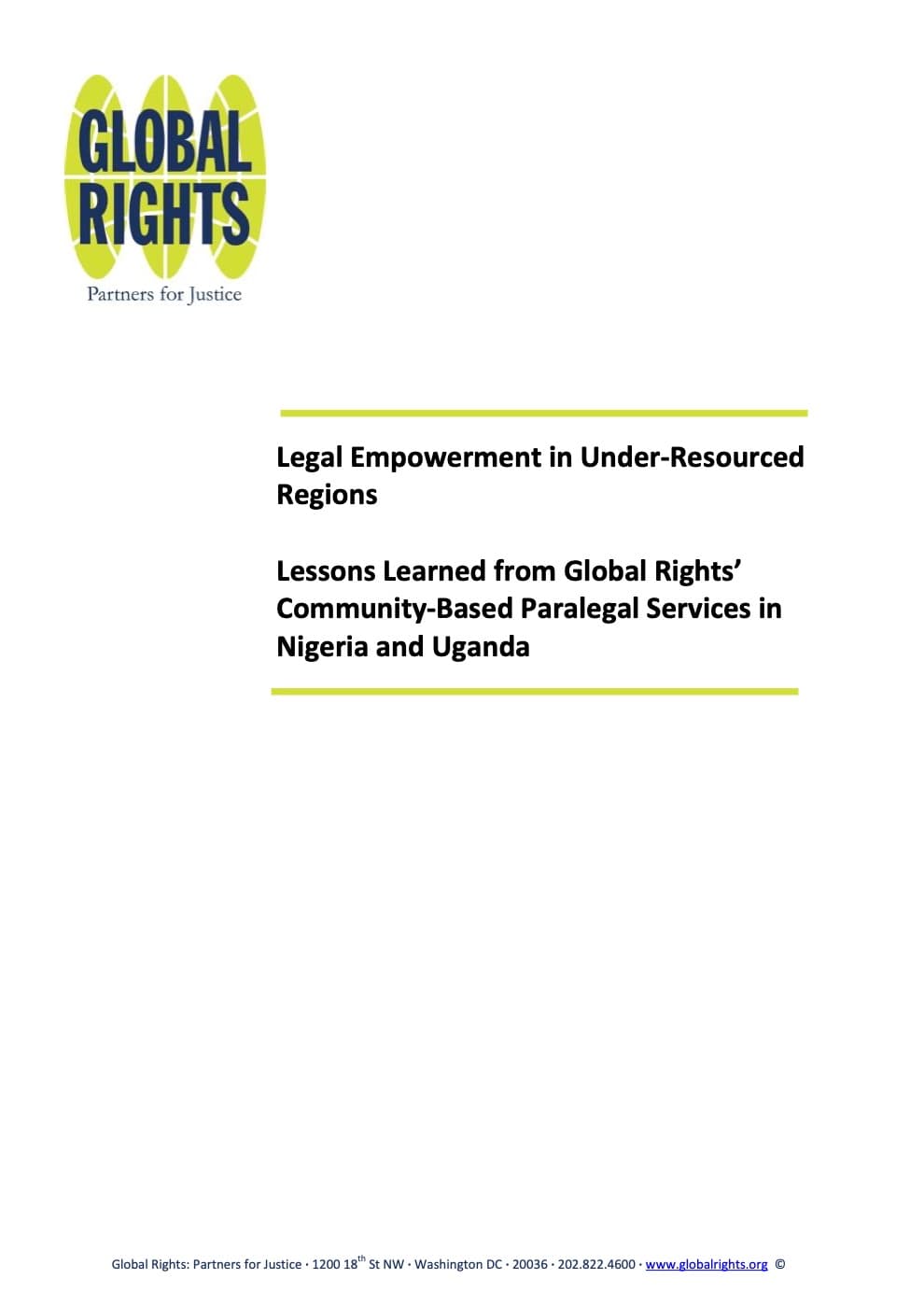 Cover of Legal Empowerment in Under-Resourced Regions, with the Global Rights “Partners for Justice” logo above the title.