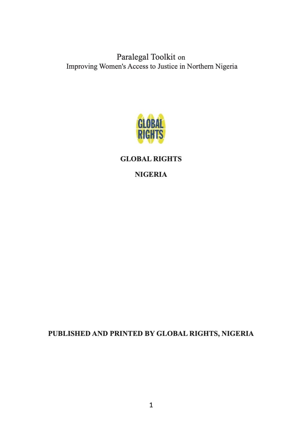 Cover of the Paralegal Toolkit on Improving Women’s Access to Justice in Northern Nigeria, published by Global Rights Nigeria.