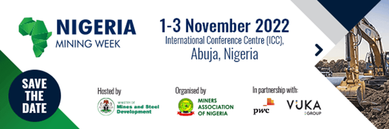 Save the date banner for Nigeria Mining Week, 1–3 November 2022 at the International Conference Centre, Abuja, hosted by the Ministry of Mines and Steel Development.