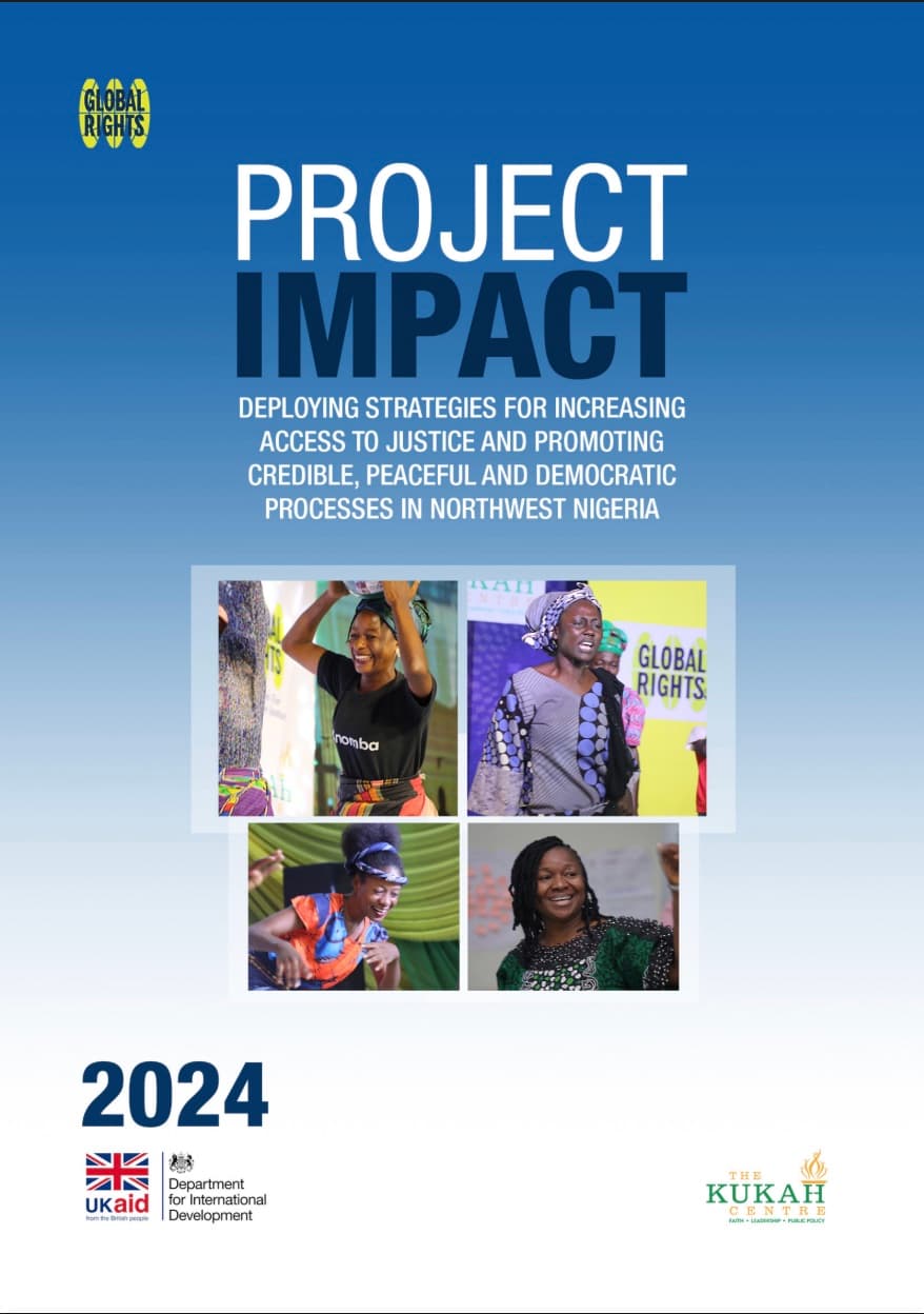 Cover of the 2024 Project Impact report: white and navy lettering on blue over four photographs of women at Global Rights events.