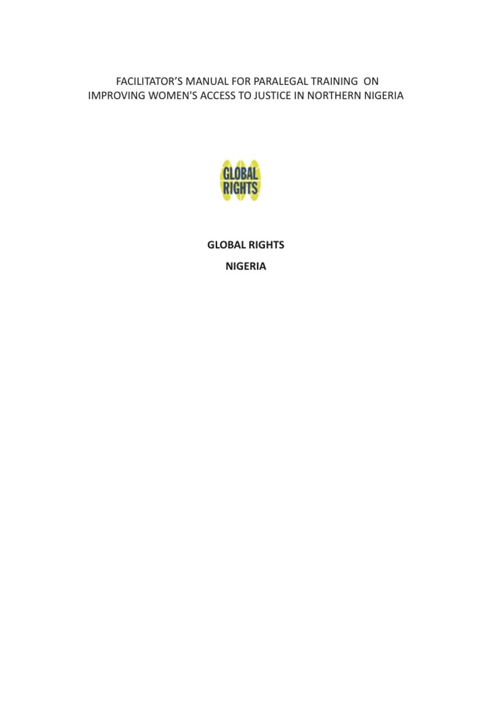 Cover of the Facilitator’s Manual for Paralegal Training on Improving Women’s Access to Justice in Northern Nigeria.