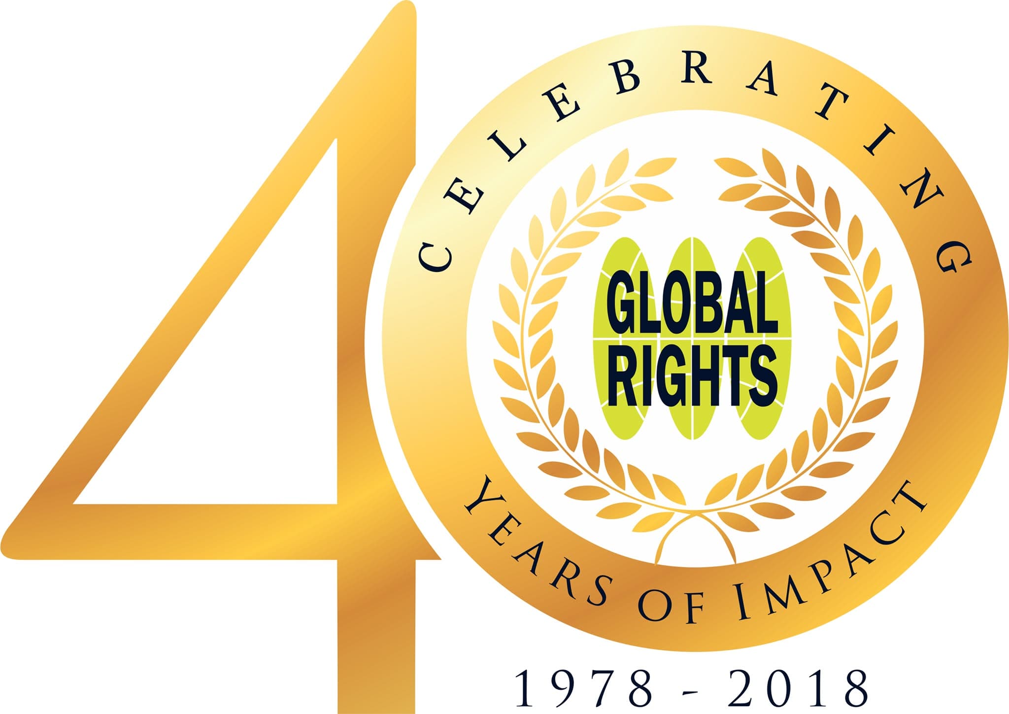 The Global Rights 40th anniversary mark: a gold “40” encircled by the words Celebrating 40 Years of Impact, 1978–2018.