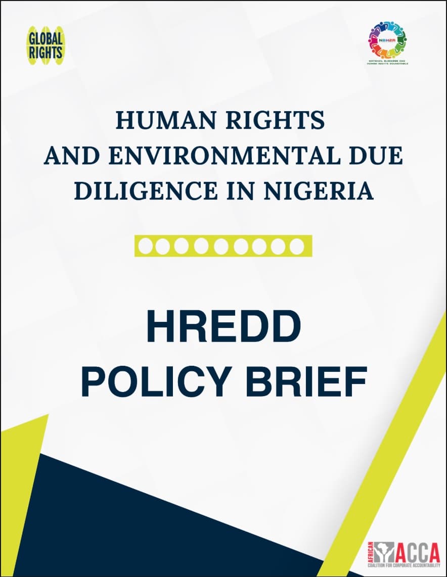 Cover of the HREDD Policy Brief: navy lettering reading “Human Rights and Environmental Due Diligence in Nigeria” on white, with yellow and navy corner shapes.