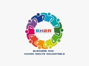 Logo of the Business and Human Rights Roundtable: a ring of stylised figures in rainbow colours around the letters BH2R.