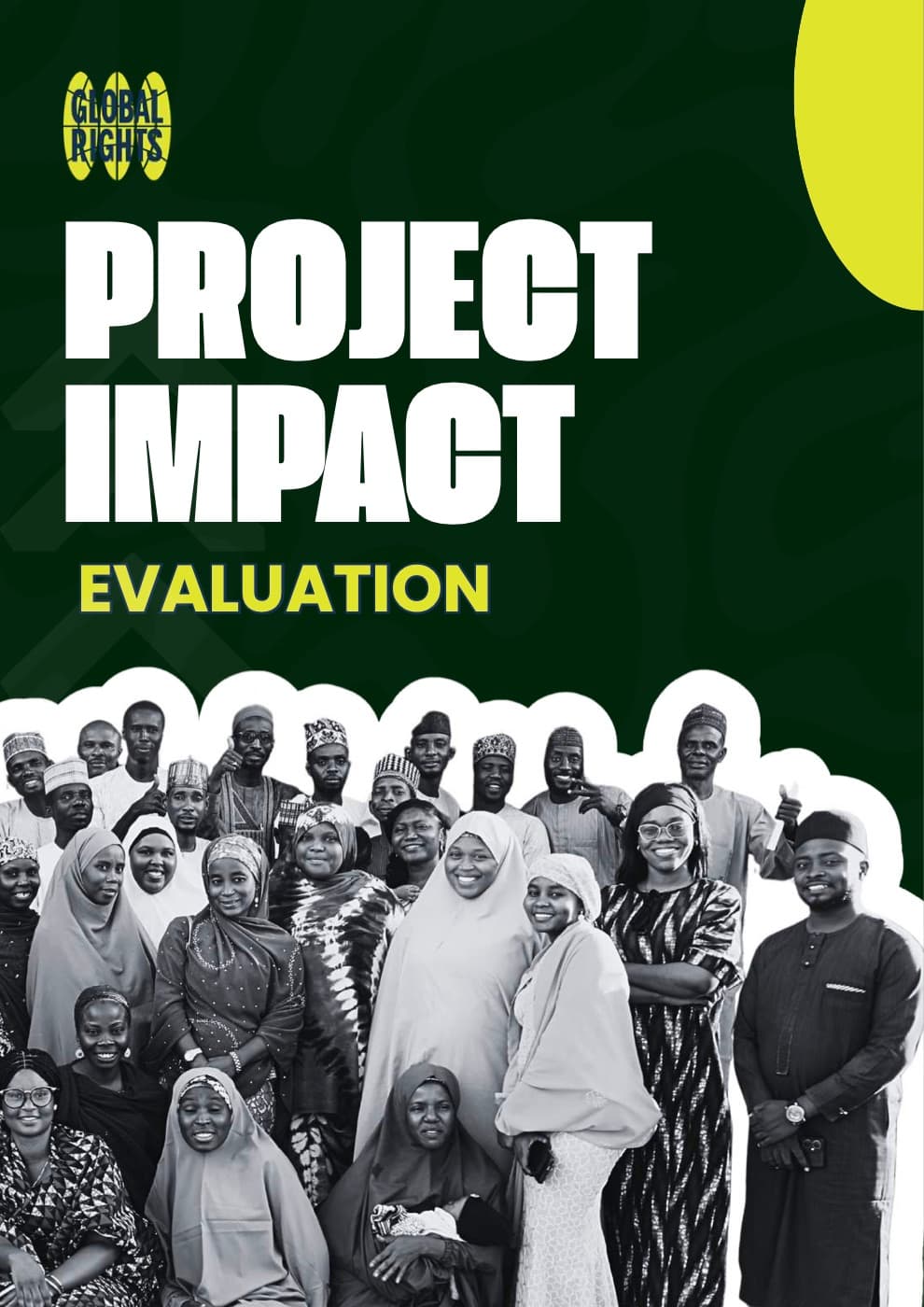 Cover of the Project Impact Evaluation report: white and yellow lettering on dark green, over a black-and-white photograph of community members.