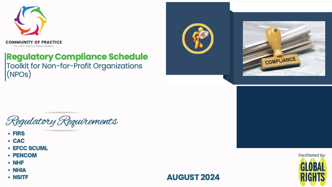 Cover of the Regulatory Compliance Schedule toolkit for Non-for-Profit Organizations, listing FIRS, CAC, EFCC SCUML, PENCOM, NHF, NHIA and NSITF as regulatory requirements.