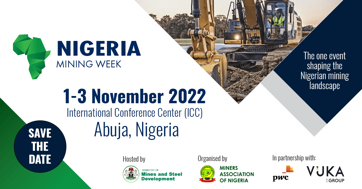 Save the date banner for Nigeria Mining Week, 1–3 November 2022 at the International Conference Centre, Abuja, hosted by the Ministry of Mines and Steel Development.